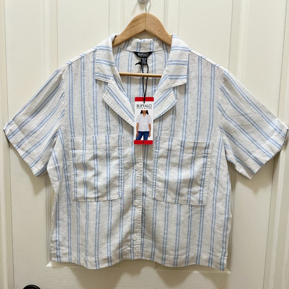 Buffalo Women's Linen Blend Cropped Shirt Top Size M Blue Coastal Stripe New